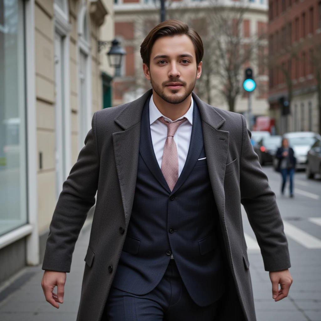 A sexy handsome man in a coat and suit hurries to a business meeting. he is focused and determined.