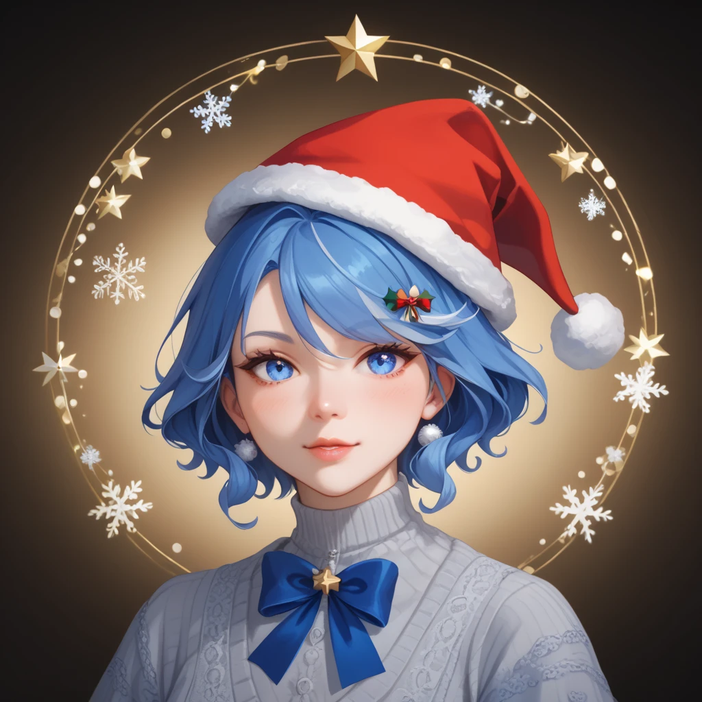 1 girl ,  Short hair,  blue eyes,  Hair ornament, tape,  blue hair, in profile, masterpiece,  best quality , Accuracy, New Year, christmas hat .Высокое разрешение, Закрытый рот, ночь, темно.