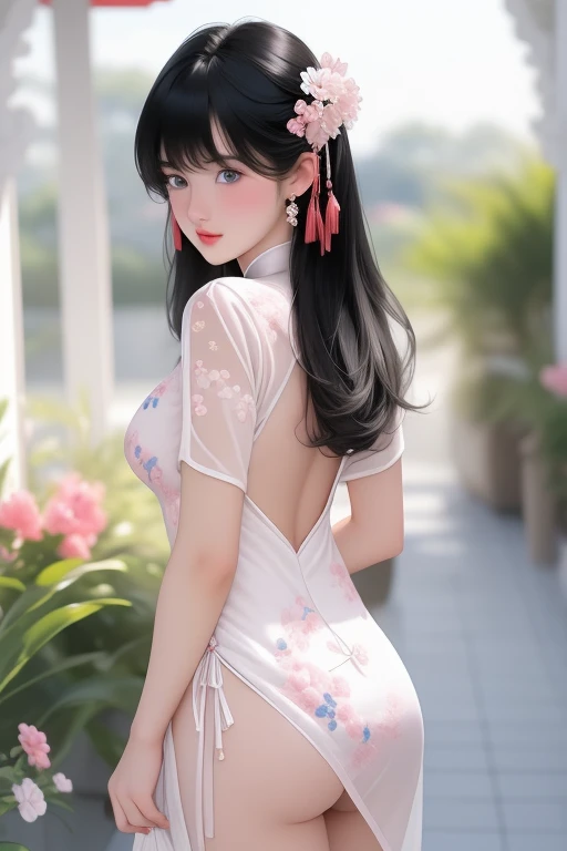 1girl 15years old,anime girl, bangs,standing,cowboy shot,dynamic angle BREAK (closed mouth), black hair, blue eyes,white pantie, blurry, blurry background, blush, bottomless, breasts, closed mouth,no bra, cum, dutch angle, erection, hair between eyes, hair ribbon, hetero, indoors, jewelry, long hair, looking at viewer,(Chinese dress with floral embroidery)see through deep pink dress, mature female, /(black hair/) bangs, (masterpiece best quality:1.2) delicate illustration ultra-detailed, small breasts , outdoors, detailed back ground,white pantie,(pantie line),standing,turn back,full body,side view,bent butt,sexy,