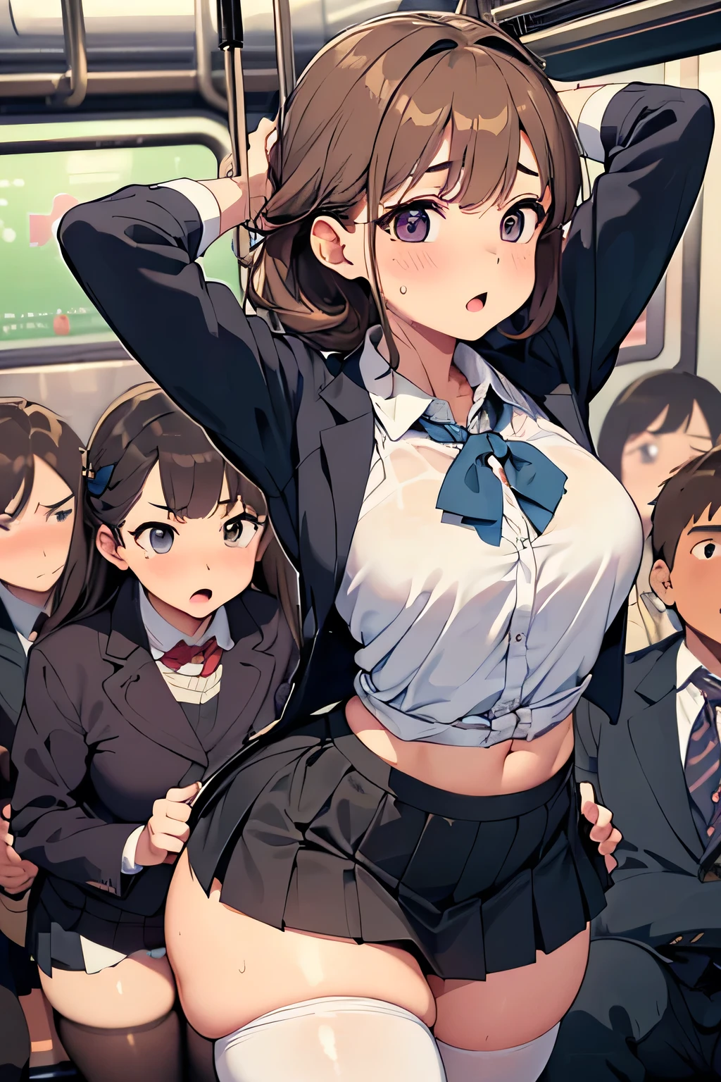 ((best quality)), ((masterpiece)), (detailed), (((perfect face))), ((((slender topless 16yo teenage girl with bare arms, bare shoulders, bare stomach)))), (((wearing dark blue pleated skirt))), (((brunette, brown hair))), ((ponytail)), (((shy:1.3))) ((blushing:1.5)), ((slender thighs)), ((slender hips)), (((girl looking away))), (((medium breasts))), ((((classroom)))), ((((happy male teenagers in suits)))), ((((crowd of students in suits)))), (((chalkboard)))