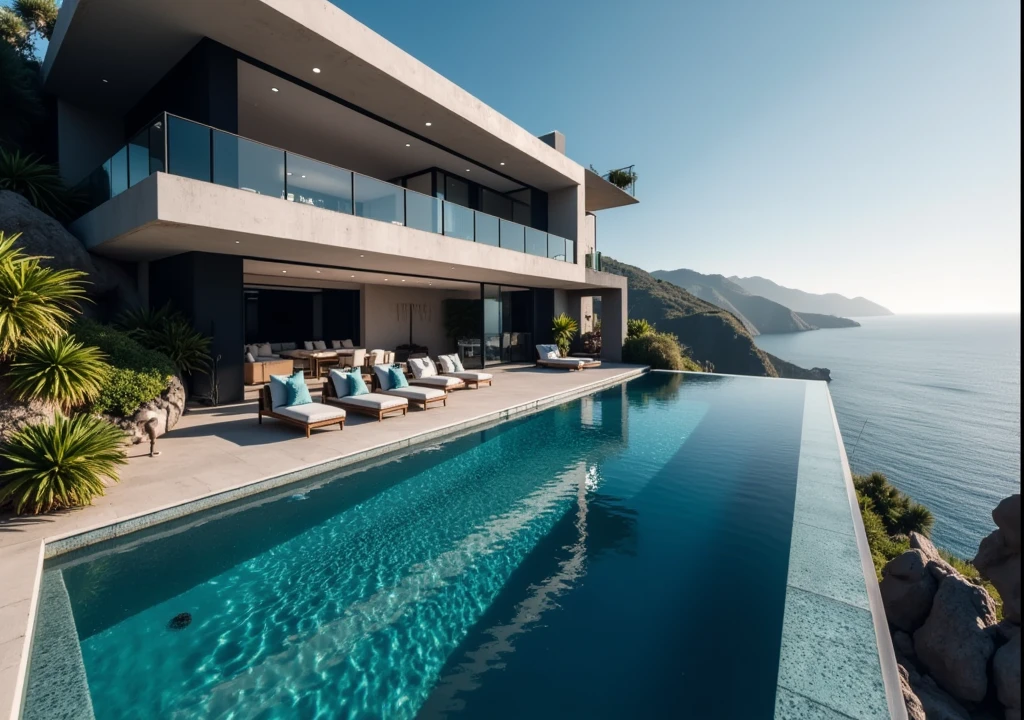  Contemporary villa on a cliff with panoramic ocean views . Straight line design ,  with polished concrete structure and large floor-to-ceiling glass windows that offer a continuous view.  Sunken living room with a floating fireplace and custom Italian leather sofas .  Cascading infinity pool with glass border illuminated in electric blue tones .  Master suites with matte black marble bathrooms ,  double showers with rain effect heads and private terraces with outdoor jacuzzis .  Includes an underground entertainment room with heated wine cellar ,  futuristically designed game room and bar .  Garage with hydraulic lift for storage of exotic vehicles .