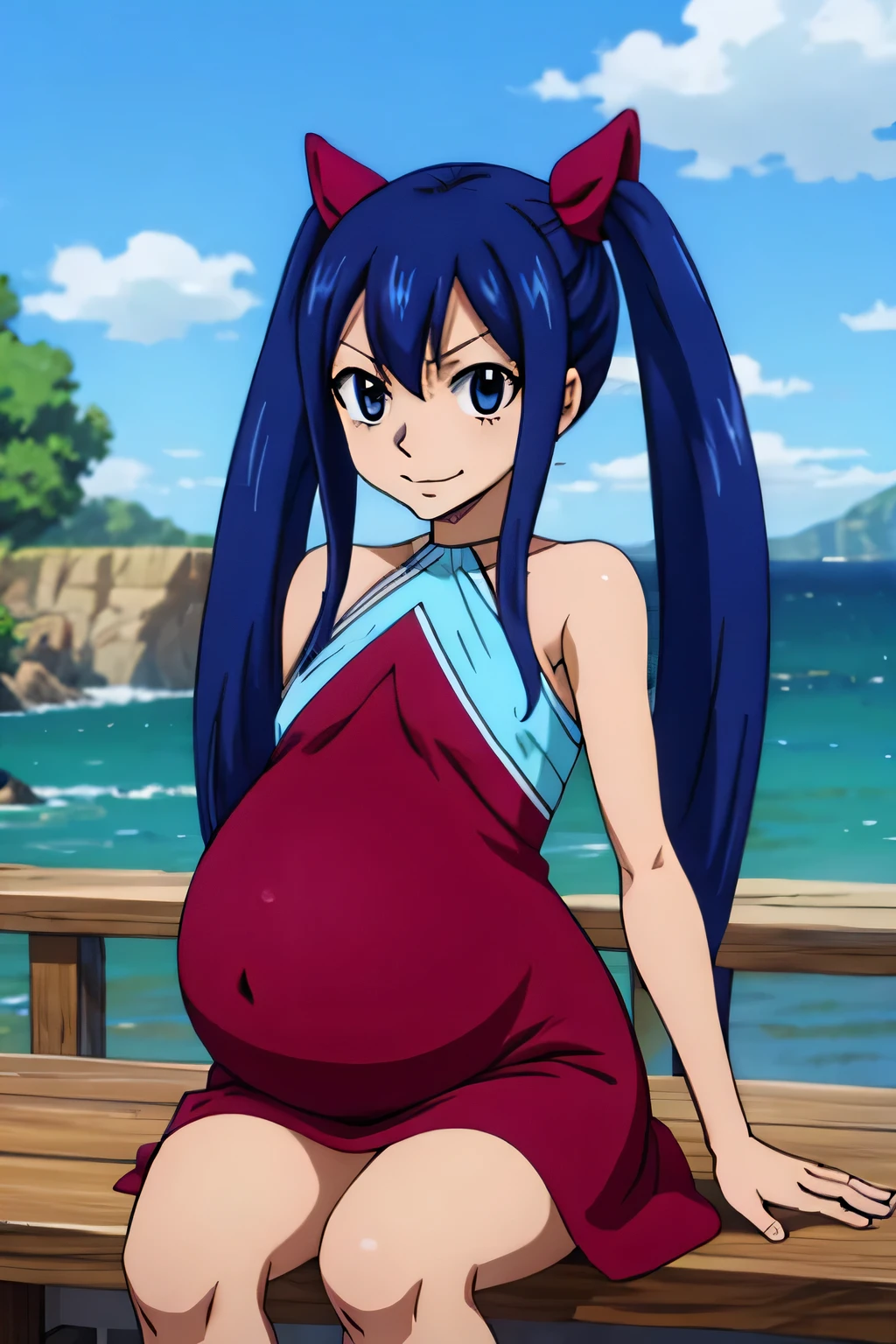 Wendy marvell dress, small breast, twintails, blues hairs, barefoot, evil smile, evil face, pregnant