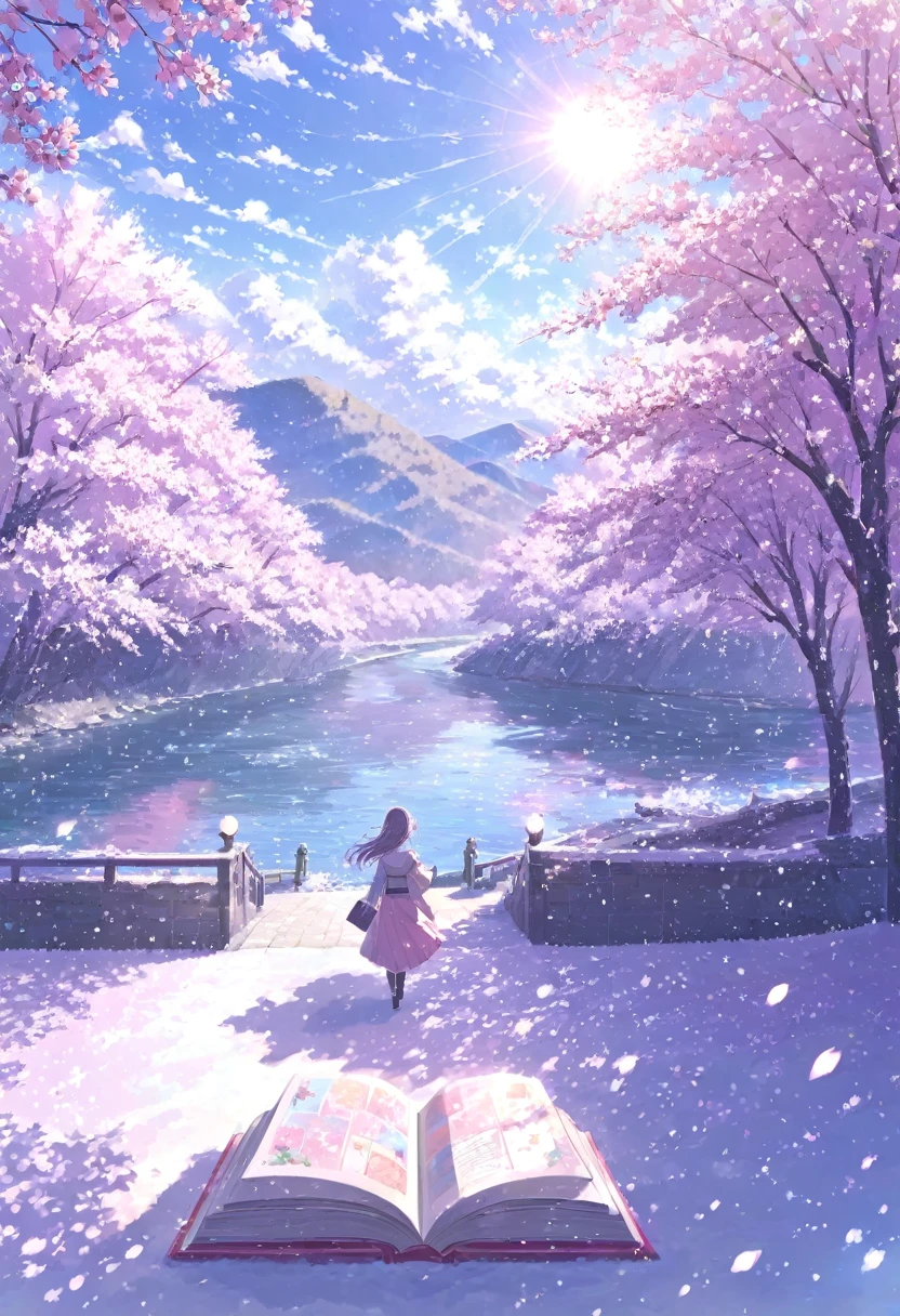 ((pastel))、 woman,  river and Senbonzakura on one side  ,  Cherry blossoms in the book ,Cherry Blossom Snowstorm,Pink glow,noon,  the sun shines in , On one side of the view from a distance , Moving scene  