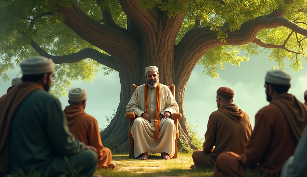 The image is square.
A Muslim man who setting under a big tree with a wolf.
The wolf at Infront of the man , also there's other Muslims around the tree