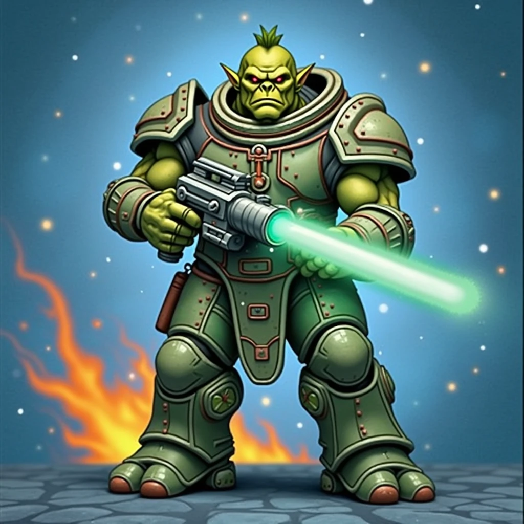 высокий Orc спецназа в тяжелых доспехах,  with a plasma gun on a space liner from the movie “The Fifth Element”, intricate masterpiece , portrait of an Orc, an Orc,  artistic portrait of a space paratrooper ,  stand character , Orc, monitoring, Orc готовит винтовку, space armor , alien space knight,