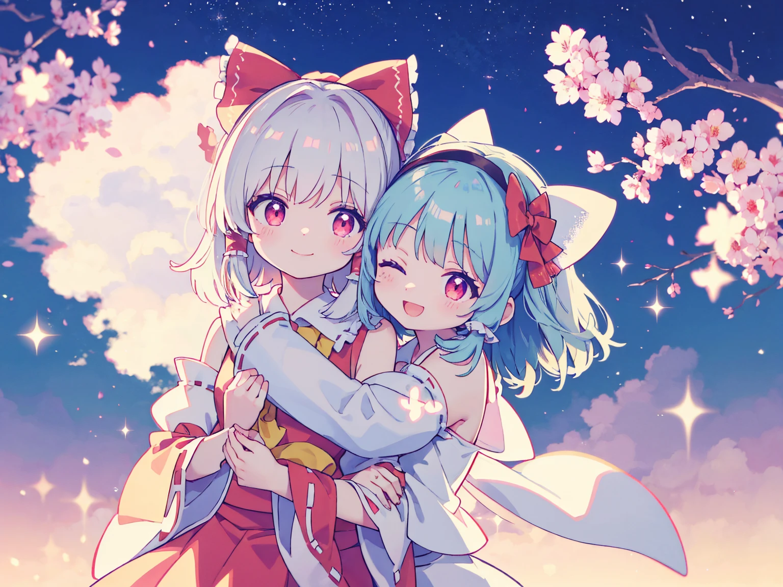 Reimu and Youmu、Hugging、smile