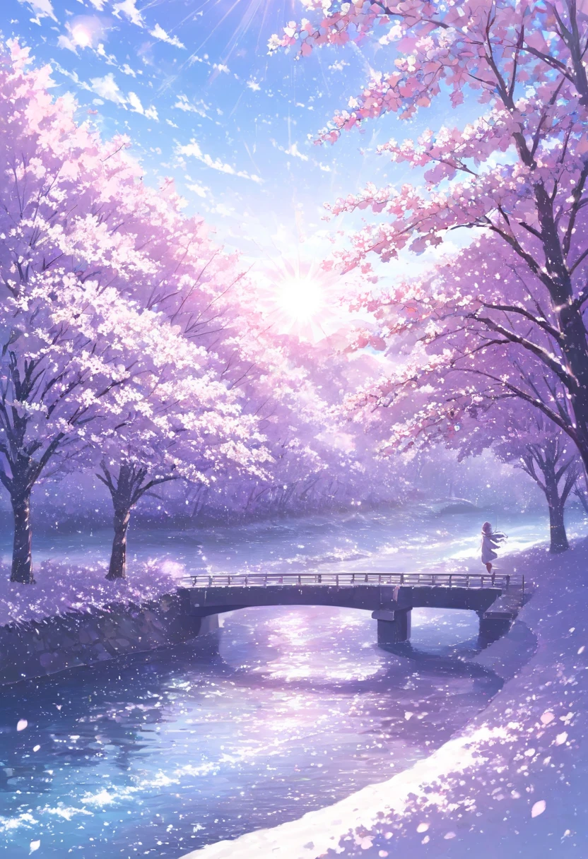 ((pastel))、 woman,  river and Senbonzakura on one side  , Sparkling cherry blossoms  ,Cherry Blossom Snowstorm,Pink glow,noon,  the sun shines in ,  on one side as viewed from a distance , Moving scene  