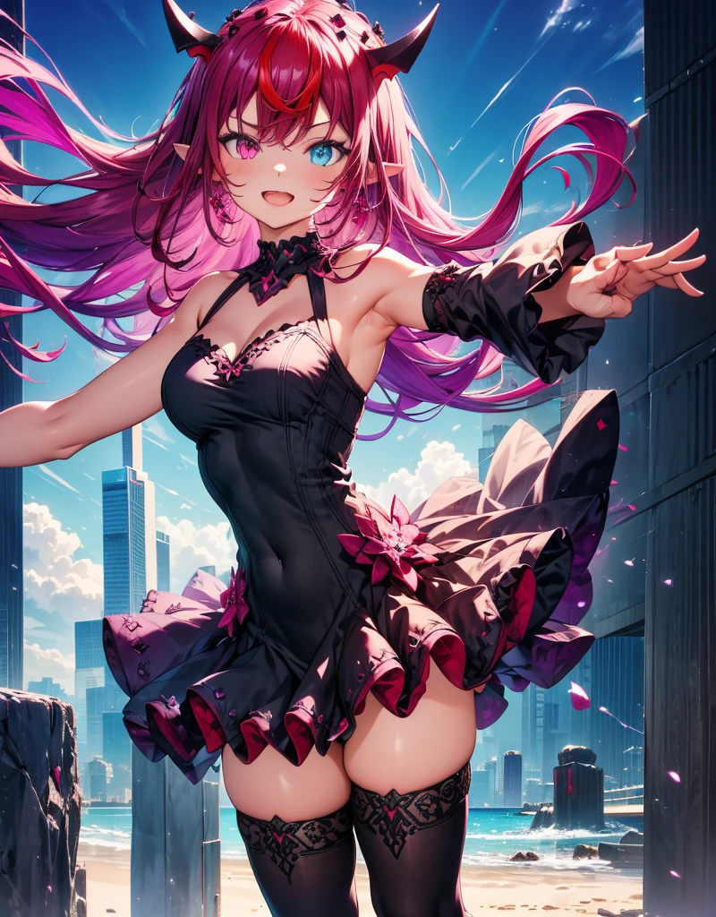 IrysUnderwear, heterochromia, long hair, black dress, sleeveless dress, short dress, purple thighhighs, gradient legwear good anatomy, two arms, two legs, laugh, dynamic pose, (looking at viewer)