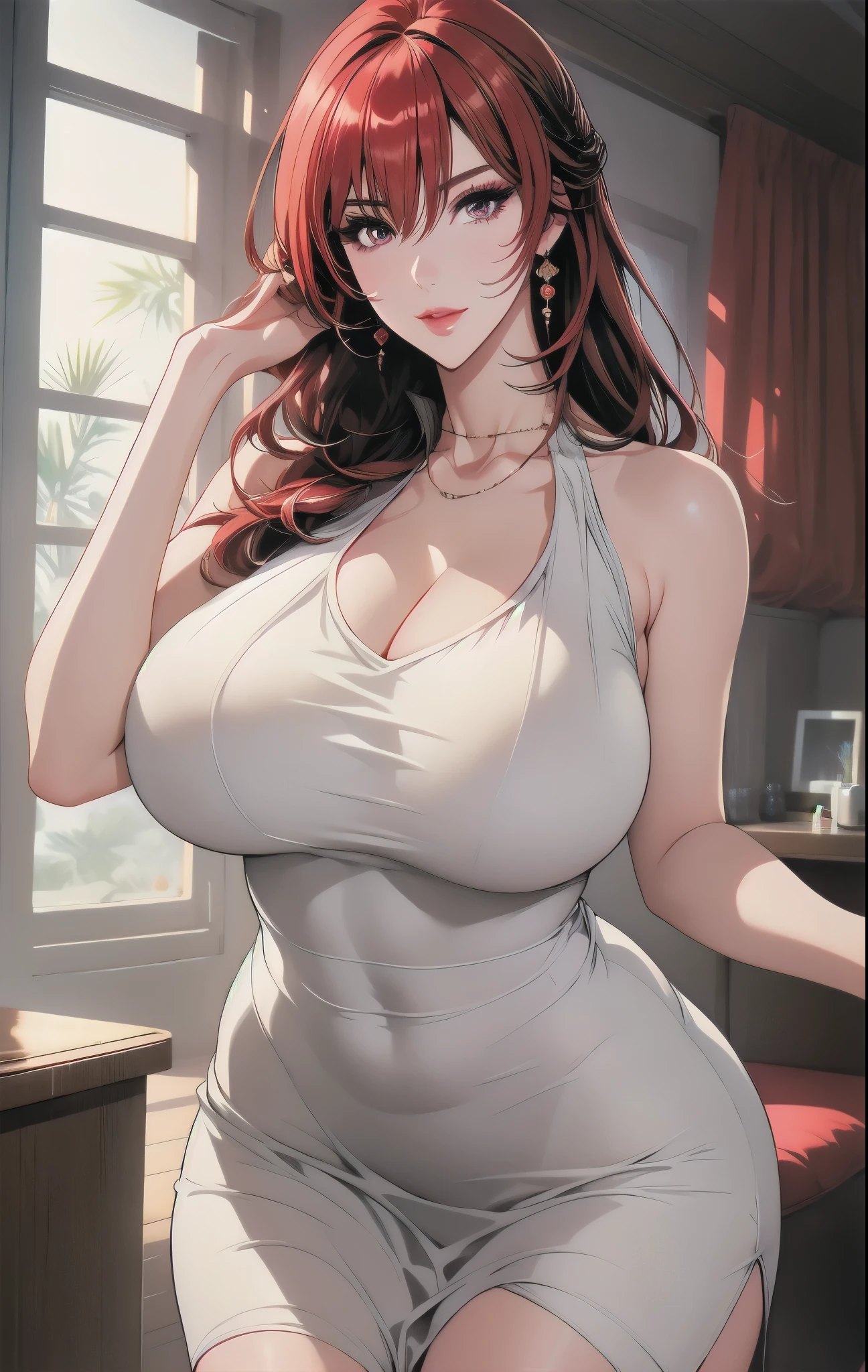 Illustration, cowboy shot, perfect body, 1women, looking at camera, smile, (Milf), ((detailed mature face)), (gentle face), Himeko, jizi\(character\), BREAK, makeup, (mature body, tall), ((detailed eyes:1.3)), beautiful lips, (red hair), (long hair, bangs, hair between eyes), ((gigantic breasts:1.2)), (cleavage, nipples), ((slim waist, wide hips, thick thighs)), BREAK, ((sleeveless tight white dress)), BREAK, anime, ((best quality)), masterpiece, highly detailed, high resolution, contrast, intricate design, bedroom, night theme, vibrant colors, natural lighting, dynamic shadows, proportional body