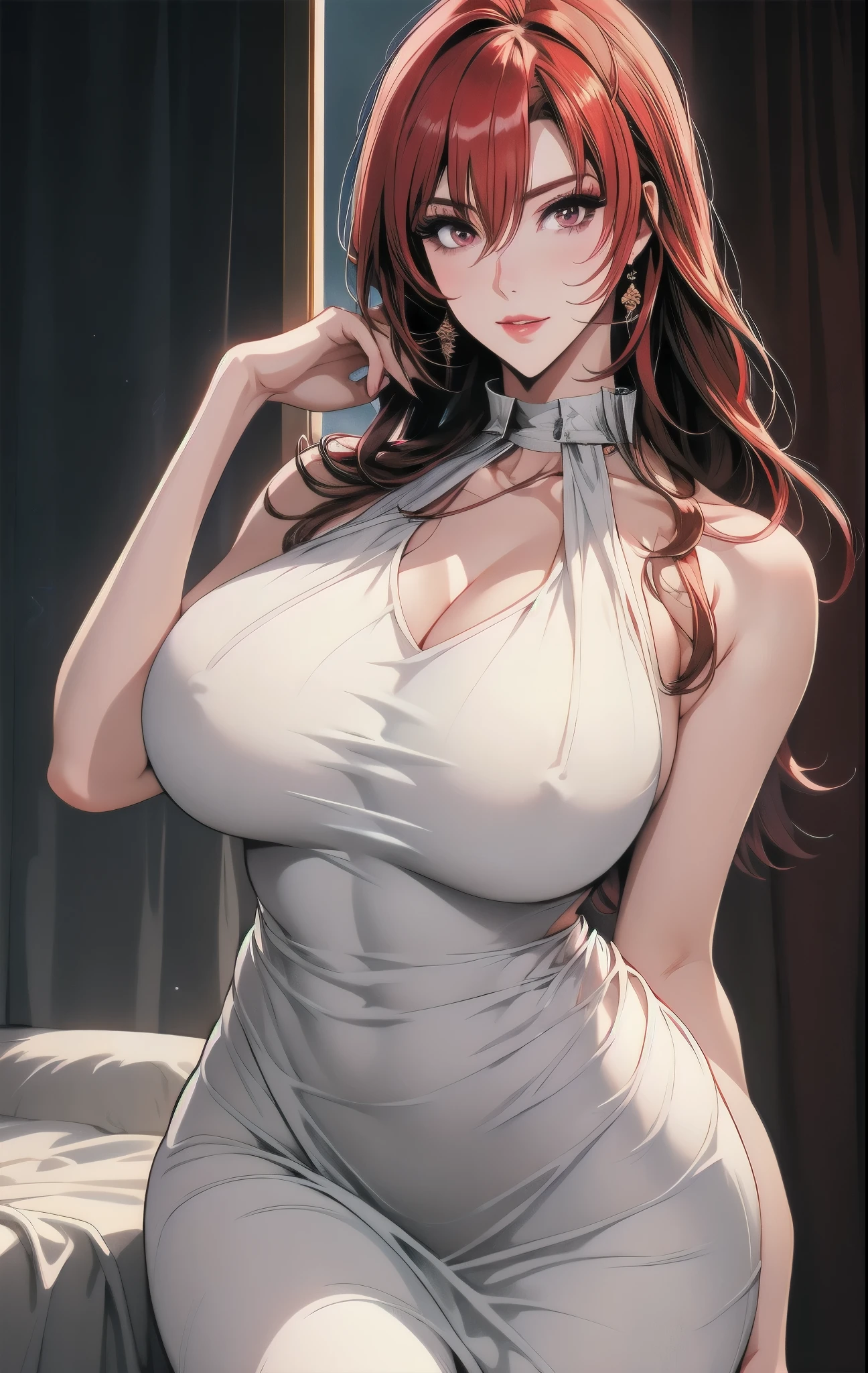 Illustration, cowboy shot, perfect body, 1women, looking at camera, smile, (Milf), ((detailed mature face)), (gentle face), Himeko, jizi\(character\), BREAK, makeup, (mature body, tall), ((detailed eyes:1.3)), beautiful lips, (red hair), (long hair, bangs, hair between eyes), ((gigantic breasts:1.2)), (cleavage, nipples), ((slim waist, wide hips, thick thighs)), BREAK, ((sleeveless tight white dress, halter neck dress)), BREAK, anime, ((best quality)), masterpiece, highly detailed, high resolution, contrast, intricate design, bedroom, night theme, vibrant colors, natural lighting, dynamic shadows, proportional body