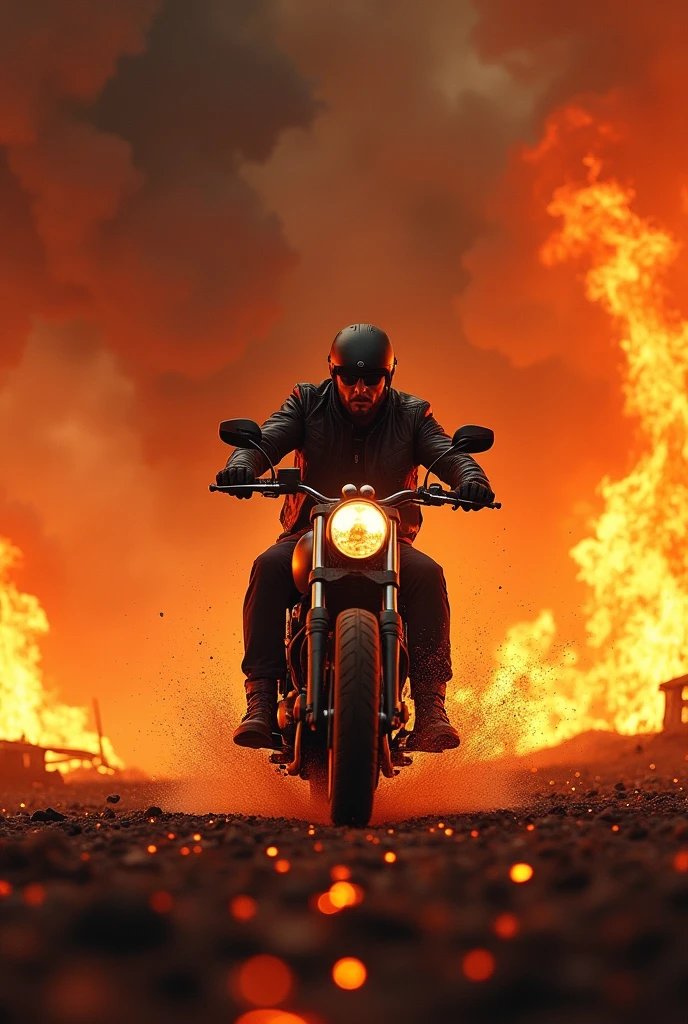 motorcycle catches fire and black smoke ,rider shock expression 