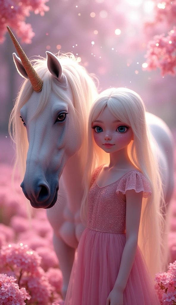  cheerful 3-year-old blonde with green eyes on top of a unicorn 
