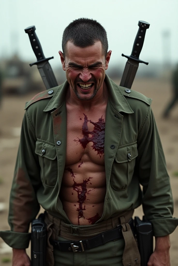 One well dressed angry  soldier injecting very hot rod of iron into 1 another Soldier eye who is bleeding and crying brutally wounded and tied hands in jungle