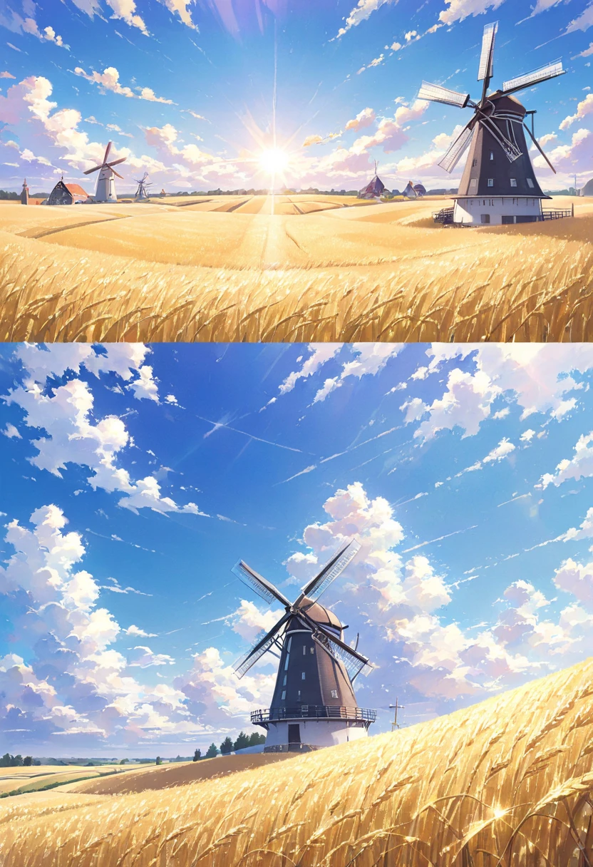 ((pastel))、 Standing woman, Dutch views  , windmill ,Wheat field,Gold brilliance,noon,  the sun shines in , A view from a distance 