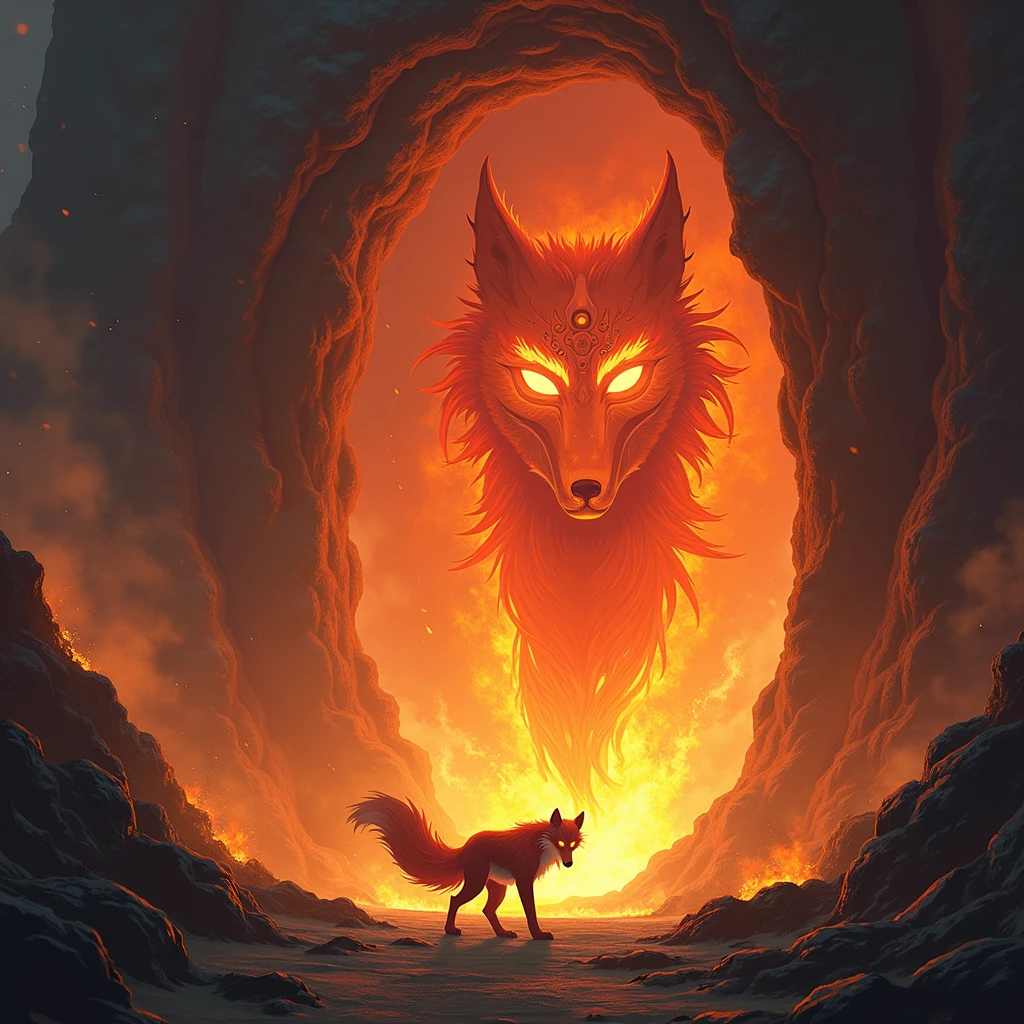 illustrates the following paragraph" Their first stop was a burning cave , guarded by a majestic fire fox."