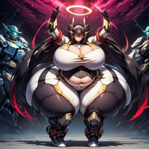 masterpiece, 最  High Quality  , Super detailed, 4K, (8k,  High Quality  ,masterpiece, 最  High Quality  , Super detailed, Detailed aspects ,  black hair ,  short ponytail , ,S-tail, red eyes, 特大のBig Breasts, 特大Big Breasts,  huge thighs  , ((Big Breasts, Big Breasts,  huge thighs  , Big belly ,)) ,  DYNAMIC POSE ,Mecha Girl,Machinery Parts,  robot joint , single mechanical arm  ,  headgear  , Mechanical Halo,Star Halo,  complex mechanical body suit , Mecha Corset, Full Armor ,  very long hair