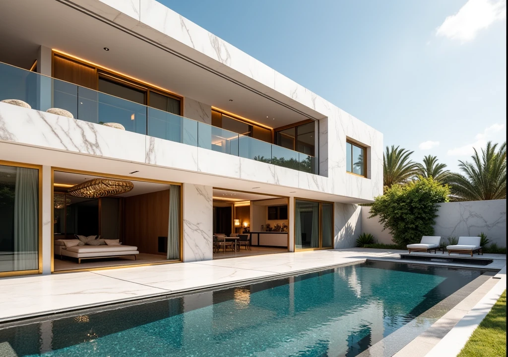  Contemporary mansion with white marble façade and golden metallic details .  Double-height windows that stand out for their symmetrical design , with hidden motorized blinds .  Large interior spaces with ceilings over 4 meters high ,  polished marble floors and walls decorated with backlit onyx panels .  Heated infinity pool with glass edge ,  located next to a private spa area with sauna and jacuzzi .  Includes a home theater with immersive technology ,  a luxury garage for displaying sports cars and a bar with glass and steel details.  Lighting system with Swarovski chandeliers and indirect lights customizable .