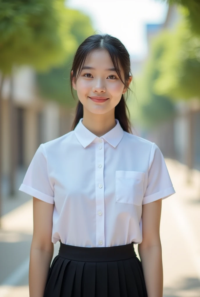 Student facing forward with a white formal long-sleeved shirt