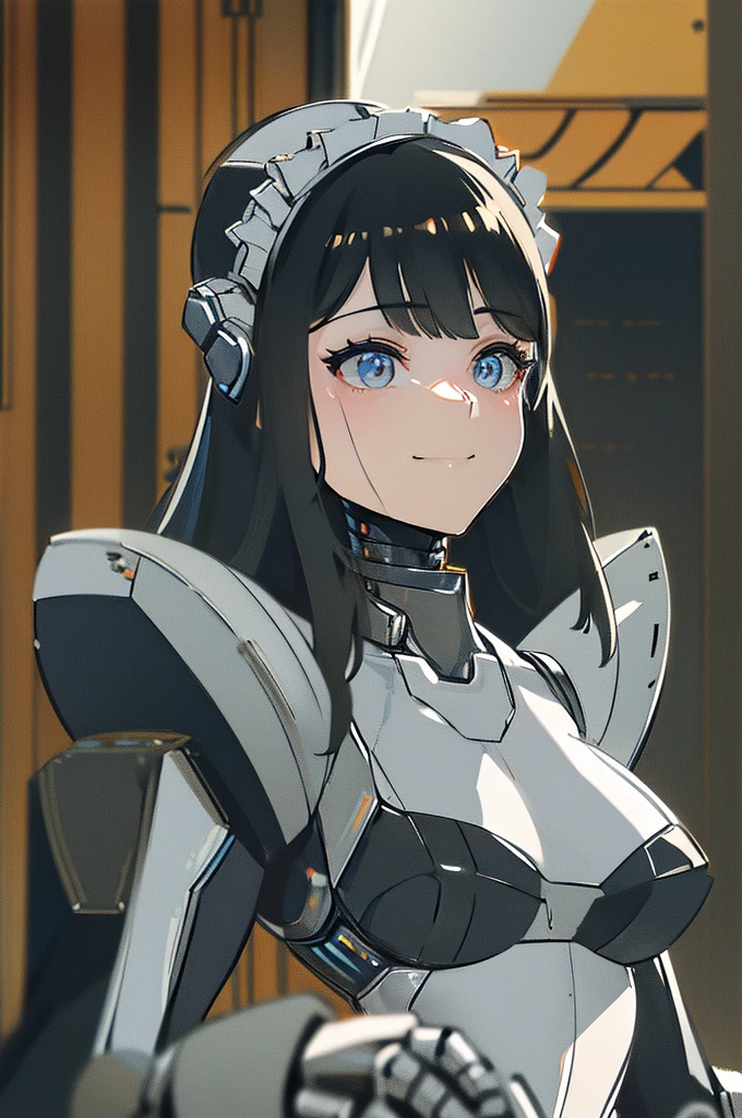 (masterpiece),(Highest quality),(Super detailed),(Best illustrations),(Best Shadow),(Absurd),(Detailed Background),(so beautiful), 16K, 8K, 4K,(Best Shadow),robotization,woman ,big ,Robot Joint ,Metal skin,Black robot Suit,long hair,a black robot suit that covers the whole body,robot hand,cyber ,mecha head,(Detailed hands and fingers:1.2),Ball joint robot body,doll joint,beautiful face,beautiful robot girl,robotic eye,robotic hands,(no more human skin),android girl,cyborg girl,F cup, body,(machine made joints:1.2),(machanical limbs:1.1),(blood vessels connected to tubes),(mechanical vertebra attaching to back),(mechanical cervial attaching to neck),no messy picture style,no emotion,tech control,black robot suit,maintenance,smile,robot maid,maid,cyborg maid