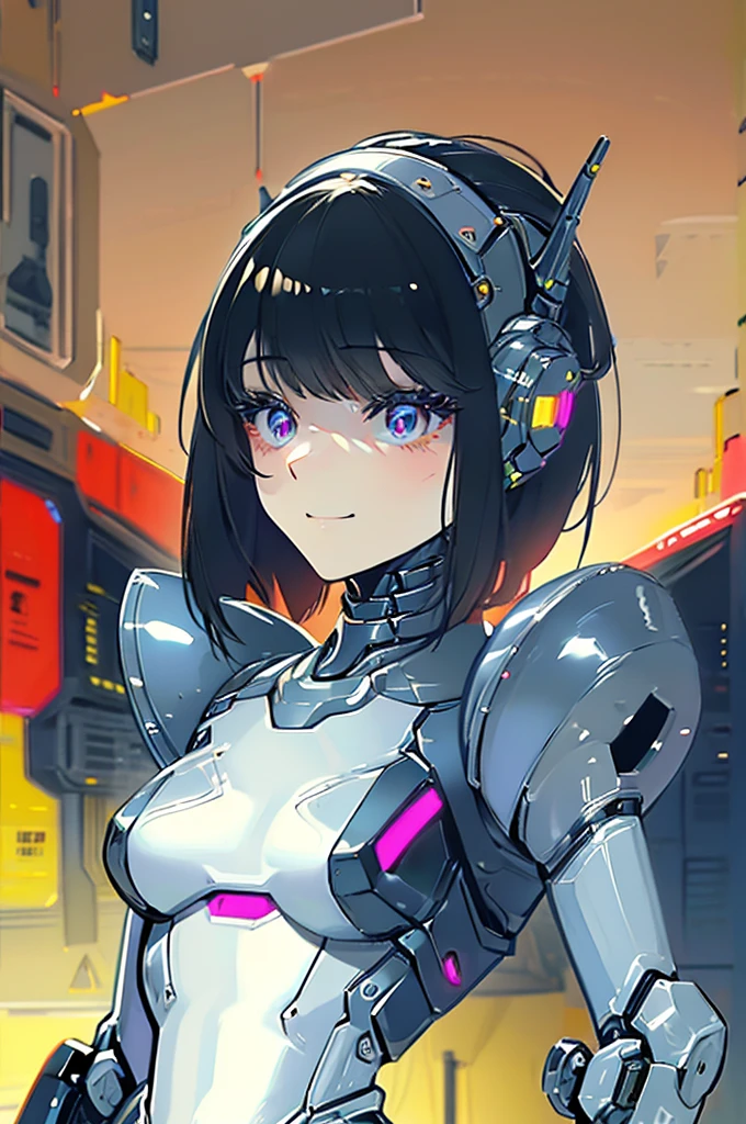 (masterpiece),(Highest quality),(Super detailed),(Best illustrations),(Best Shadow),(Absurd),(Detailed Background),(so beautiful), 16K, 8K, 4K,(Best Shadow),robotization,woman ,big bust,Robot Joint ,Metal skin,Black robot Suit,long hair,a black robot suit that covers the whole body,robot hand,cyber bodysuit,mecha head,(Detailed hands and fingers:1.2),Ball joint robot body,doll joint,beautiful face,beautiful robot girl,robotic eye,robotic hands,(no more human skin),android girl,cyborg girl,F cup, sexy body,(machine made joints:1.2),(machanical limbs:1.1),(blood vessels connected to tubes),(mechanical vertebra attaching to back),(mechanical cervial attaching to neck),no messy picture style,no emotion,tech control,black robot suit,maintenance,smile,robot maid,maid,cyborg maid