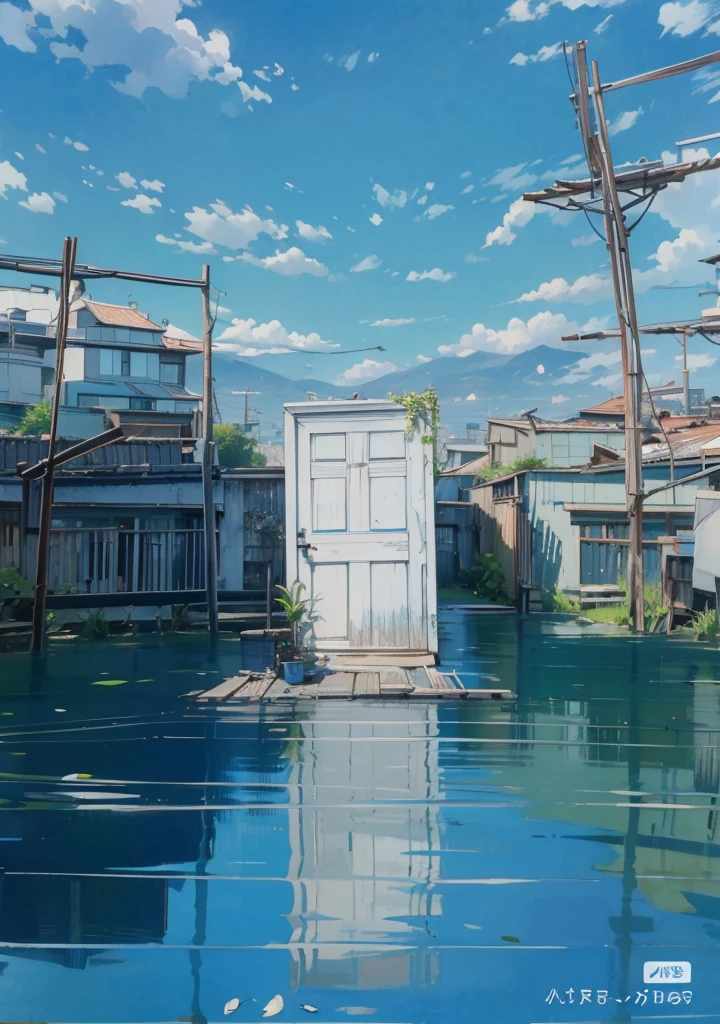 Floating in tranquil blue water, A weathered white door stands isolated against a vibrant backdrop, Clear sky dotted with fluffy clouds. The tranquil scene reflects the shadow of the door and the surrounding urban environment, The buildings and structures almost look abandoned.. Natural light enhances tranquility, Contemplative atmosphere, Creates a surreal fusion of reality and imagination. Reflections and still water capture a moment of tranquility in a world full of activity.