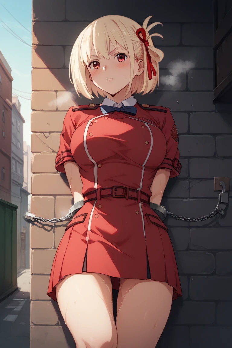 chisato nishikigi, short hair, bangs, blonde hair, red eyes, hair ribbon, one side up, bob cut, large breasts, (lycoris uniform:1.2), backs on wall, leaning back, bend back, blush, steam, sweat wet, arms up, restrained, handcuffs, leg cuffs, from front, looking at viewer, clear sky, alleyway, masterpiece, best quality, ultra-detailed, high resoolution, 8K, detailed background,