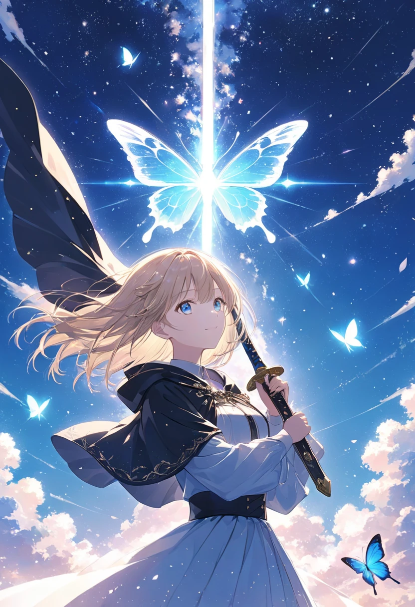  Anime Style,Woman holding a sword,  a woman holds a sword in front of her body  .,blonde,Long Hair,   A masterpiece with clouds  ,  blue eyes ,Sparkling Eyes,Sparkling Eyesのハイライト ドレスの衣装, Wear a Black Cloak  ,  A blue butterfly flutters its wings   ,  Noble Vibes in My Heart ,   dazzling swords illuminate the world  ,  Highlight Women with Proud Faces  , The background is space,A low-angle masterpiece, best quality,Exquisite,8k,  absurd,  Extremely Detailed Illustrations ,( Viewers )