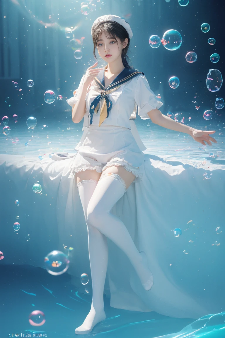 (see-through:1.3),white serafuku,sailor dress, white theme,, sailor suit, looking at viewer, insanity, messy long hair, beautiful detailed eyes,Hair glows,dramatic angle,blue sailor collar, perky breasts,light smile,partially underwater shot...