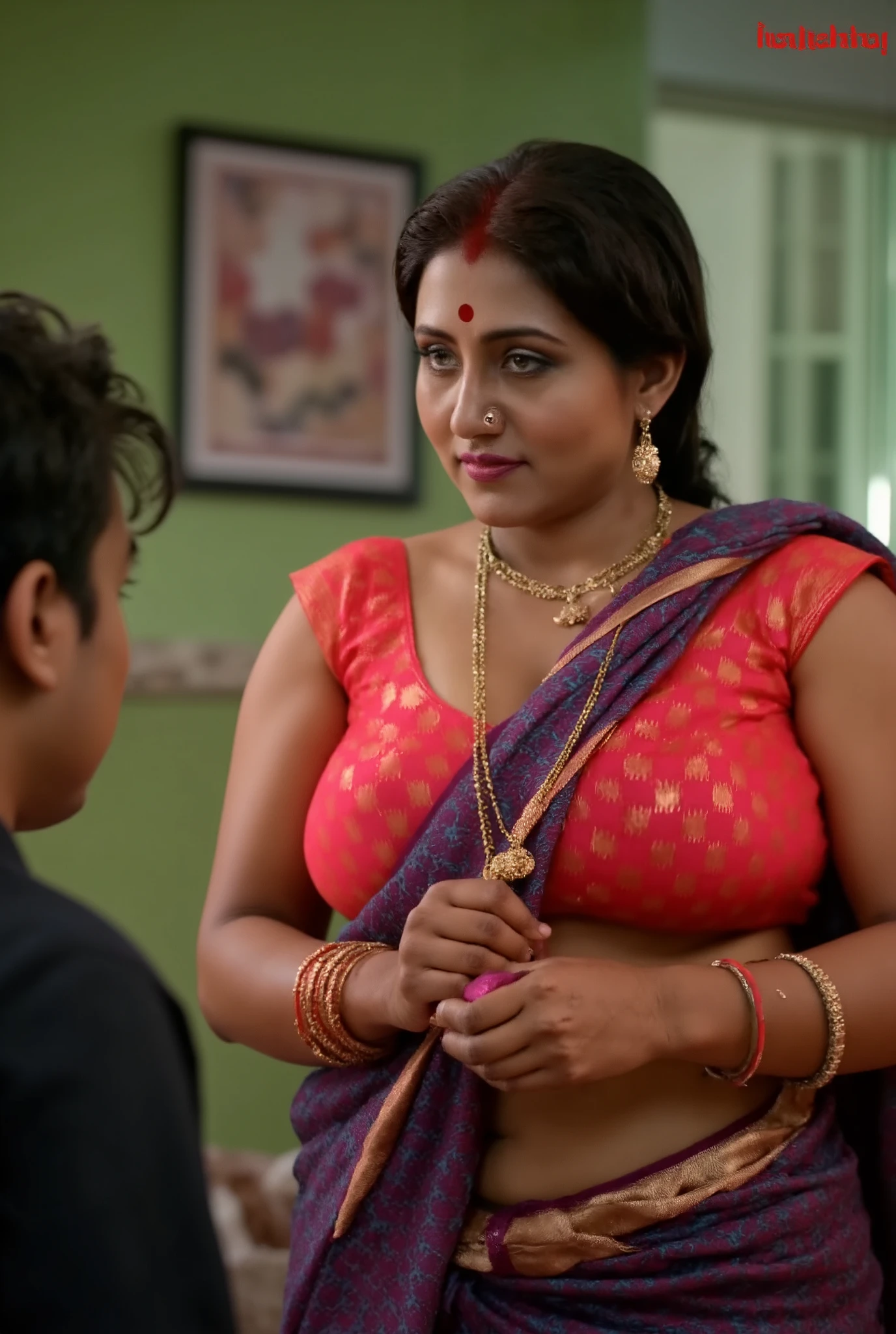 The image is a high-resolution photograph featuring an intimate, indoor scene with two people. The subject is a middle-aged woman, likely of Indian descent, with a medium skin tone, and a well-defined facial structure. She is dressed in traditional Indian attire, wearing a bright red blouse with a plunging neckline that reveals a significant amount of cleavage, showcasing a medium-to-large bust. Her attire, a patterned saree with vibrant colors such as red,and black, is draped elegantly over her shoulders and partially covering her left breast.

Her hair is neatly pulled back into a low ponytail. She accessorizes with simple gold jewelry, including a gold necklace and matching earrings. Her expression is serious and somewhat focused, looking towards a young boy to her left.she holds a vibrator in hand

The boy wearing a black shorts only,The background reveals a domestic interior with green walls, a piece of furniture with a colorful abstract painting hanging on it, and a hint of other household objects, suggesting a warm and lived-in space. The lighting is soft, enhancing the emotional intensity of the moment captured.