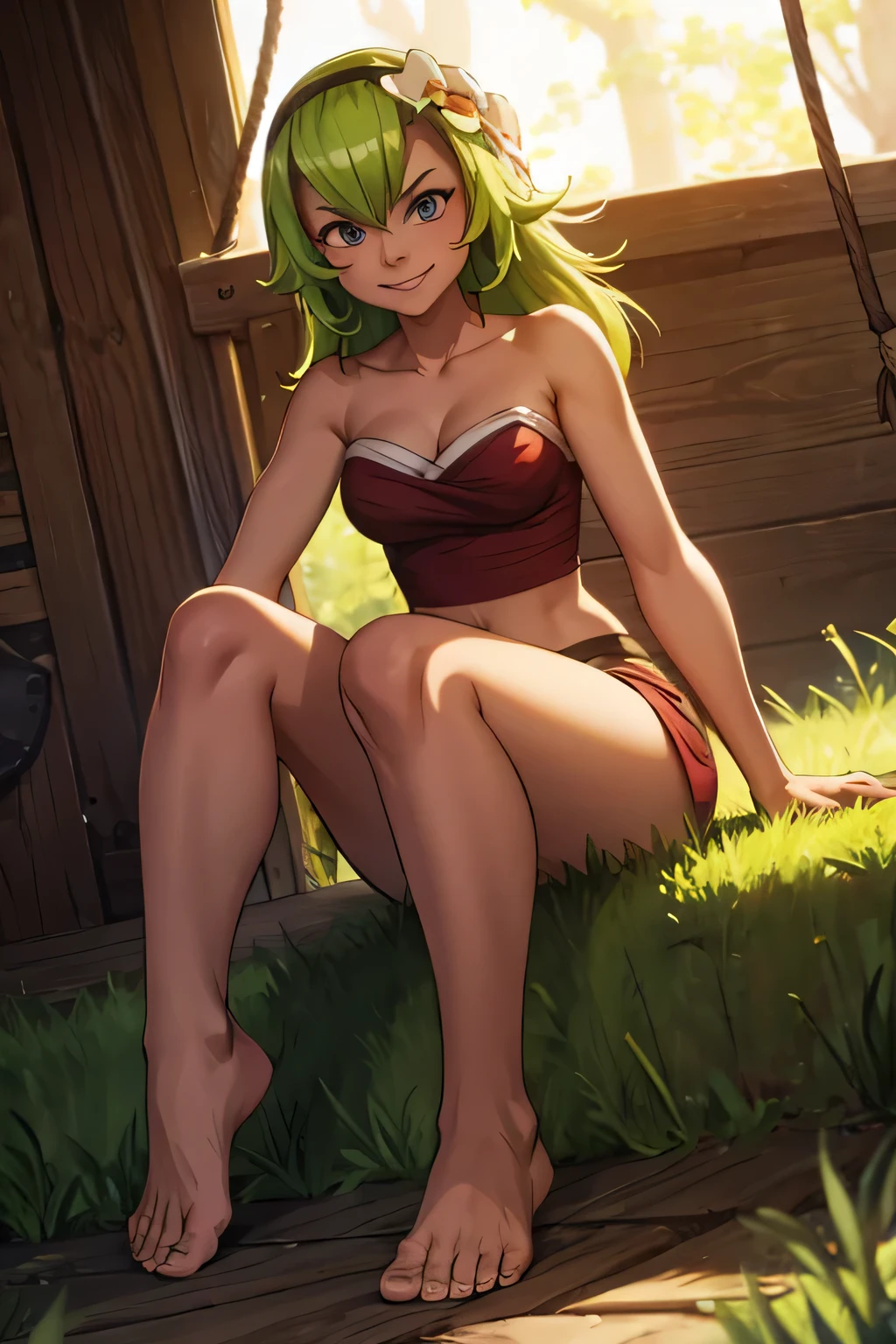 amalia, evil face, evil smile barefoot, looks down on the viewer with contempt, barefoot