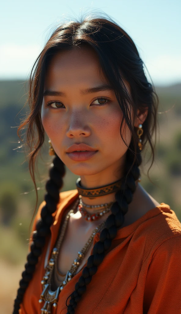Close up of apache indigenous woman, hyperrealistic, character is in her natural pose, indigenous apache model, skinny girl photo, pose on top of a hill, pretty face with arms and legs, beautiful indian model, slim girl model photo, American natural landscape, perfect hands, perfect face, perfect legs and feet, with traditional clothes, very detailed