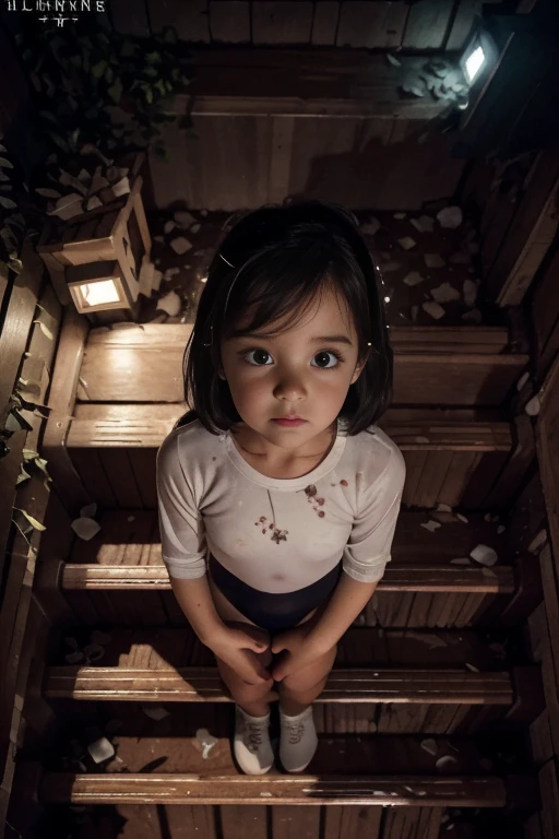 (masterpiece, highest quality),  (The ghost mansion at night), One Girl, young teen, Black gymnastics bloomers, High leg、white blouse, standing in night ghost house, Looking up 、Anxious expression, Emotional, Wide-angle, dark, Best Shadow, watercolor,ghost、devil、Death Strikes、Fate of Death、Going up the stairs、Looking down from above