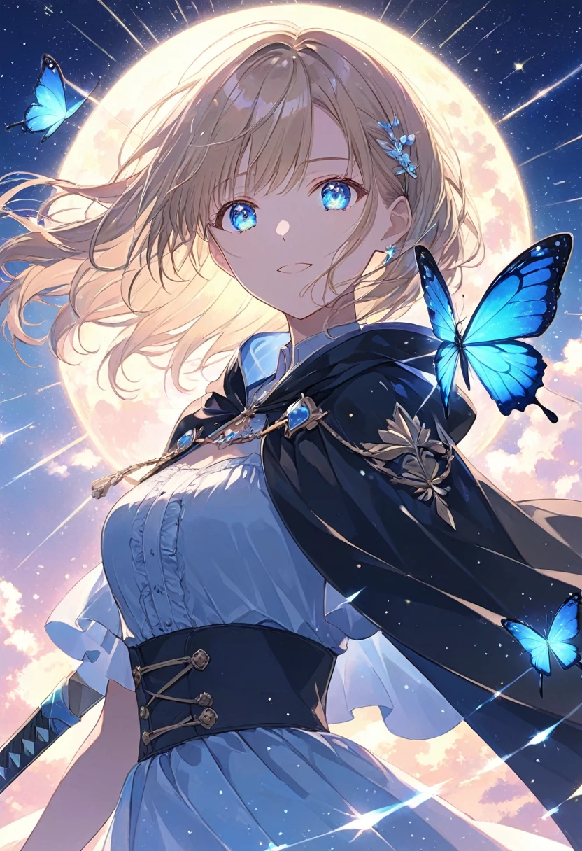  Anime Style,Woman holding a sword,  a woman holds a sword in front of her body  .,blonde,Long Hair,   A masterpiece with clouds  ,  blue eyes ,Sparkling Eyes,Sparkling Eyesのハイライト ドレスの衣装, Wear a Black Cloak  ,  A blue butterfly flutters its wings   ,  Noble Vibes in My Heart ,   dazzling swords illuminate the world  ,  Highlight Women with Proud Faces  , The background is space,A low-angle masterpiece, best quality,Exquisite,8k,  absurd,  Extremely Detailed Illustrations ,( Viewers )