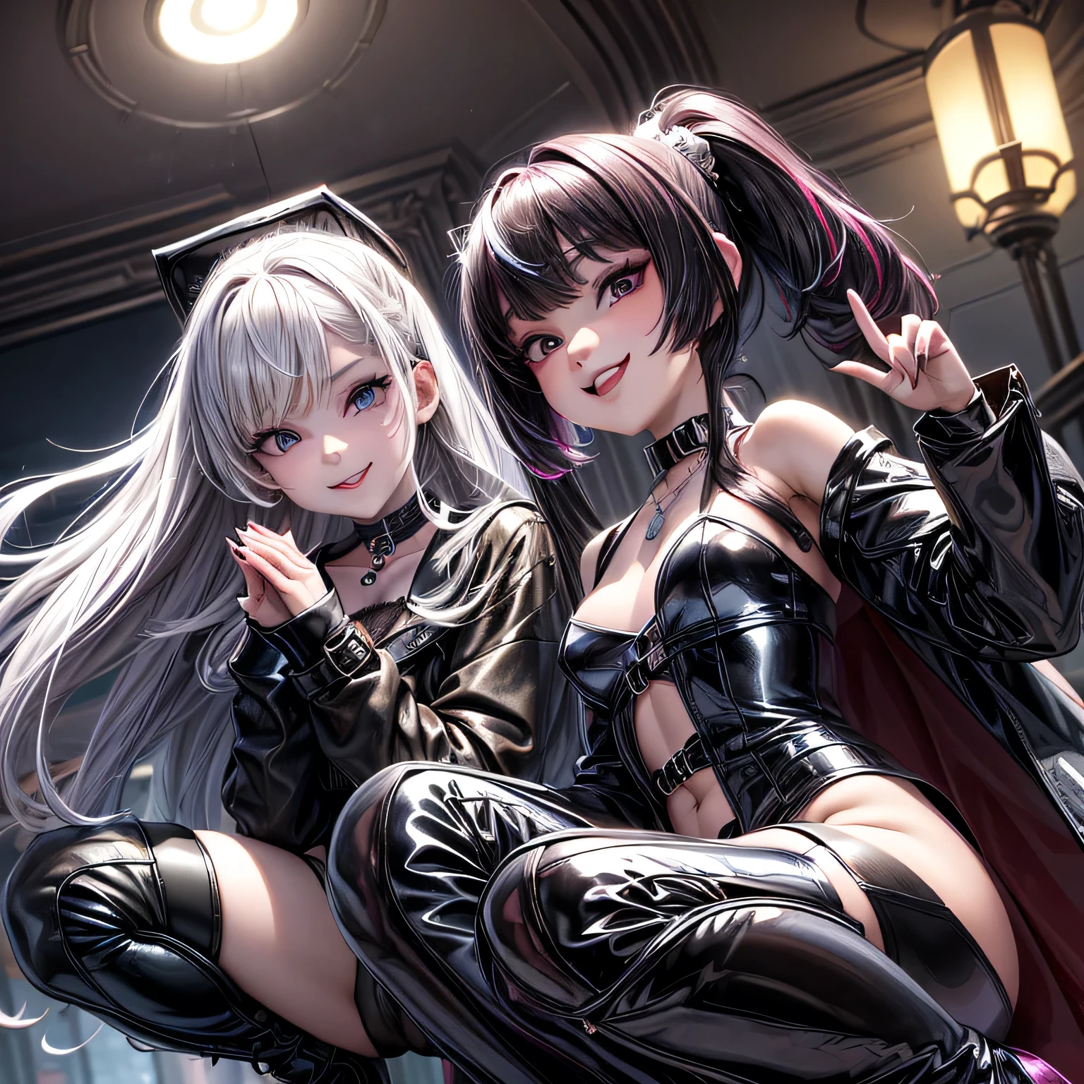 (kawaii), (evil valley girls), (under teen:1.4), (long leather coat:1.5),(two girls:1.6), (couple:1.6),(squatting, ), (nup, bare navel), (lace-trimmed ), (shiny shorts:1.2), (shiny :1.2), (lace-trimmed thighhigh tights), (garter belt), (garter straps), (leather gloves), (hands on own :1.2), leather boots, knee-high boots, high-heeled boots, stiletto boots, collar, (jewelry), colorful, (anime face:1.2), (scornful smile), (ear ring, necklace), (low poly), (extreme evil smile:1.3), (highlighted eyes with eyeliner), false eyelashes, (look down:1.3), (looking at viewer), (ultra detailed), (best quality), perfect face, (finely detailed beautiful face:1.3), (4 fingers, 1 thumb), (beautiful fingers), (streaked hair), artistic color palette, color grading, spotlight, soft shadows, light makeup, blushed, ((Focus on the face)), (two beautiful girls looking at you from below:1.5), (ultra detailed perfect face:1.4),