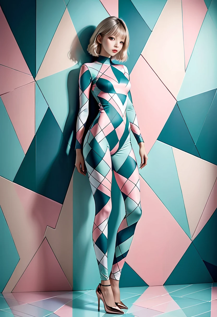 Create a stunning visual masterpiece featuring a beautiful female standing against a geometric, abstract-patterned wall. She wears a fitted outfit or body suit that is meticulously painted with the same geometric shapes and colors as the wall behind her—soft tones of beige, gray, pastel greens, and pinks—creating a mesmerizing visual illusion where her form blends seamlessly with the backdrop.

Her clothing is designed to perfectly align with the patterns on the wall, creating the effect that she is part of the background, yet her form stands out gracefully. The intricate, detailed paint on her outfit matches the geometric patterns of the wall, emphasizing the illusion without exposing any part of her body. Her expression is serene, reflecting calmness and harmony with her surroundings.

The composition should highlight the seamless connection between the subject and the environment, using abstract patterns and soft lighting to create an immersive and artistic visual. The use of a painted outfit ensures that the visual effect is tasteful, while still capturing the intended illusion of merging with the environment.