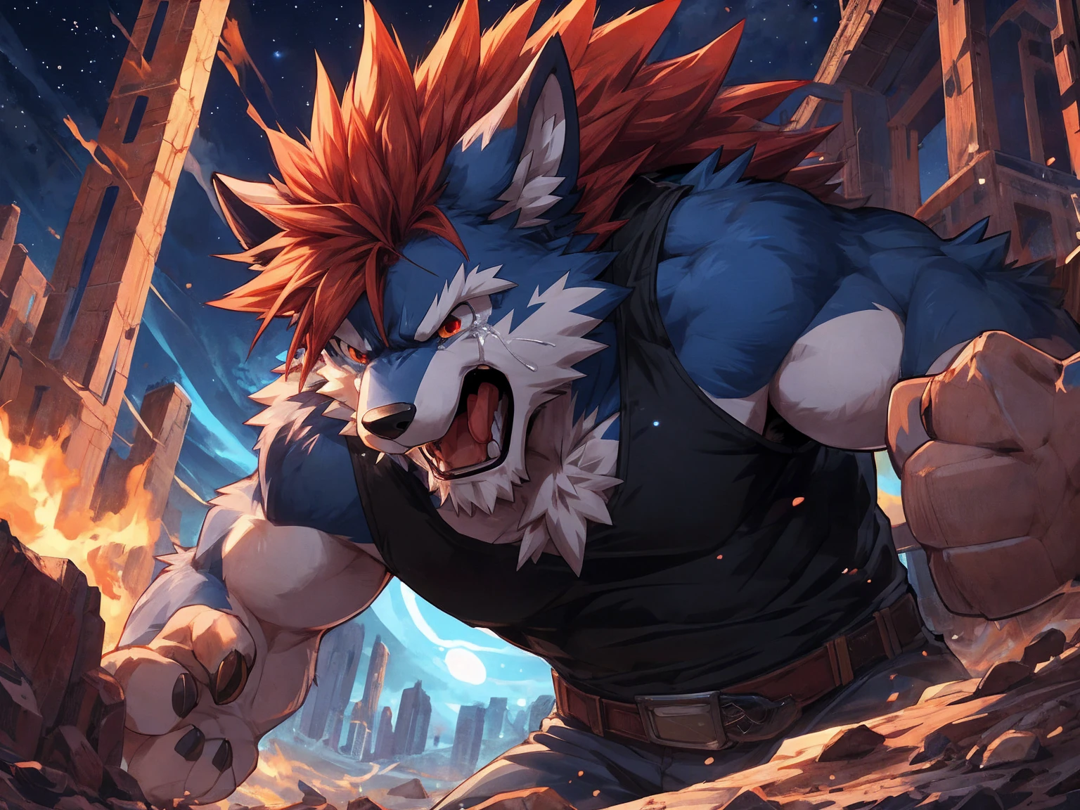 Werewolf, (Short red hair:1.2), (midnight blue toned fur:1.3), (crying), (sobbing uncontrollably), black sleeveless tank top, desert ruin, , solo, cartoon, author Takemoto Arashi, by zixiong, By Chunni, author Empty Ghost, masterpiece, (16K), HD, Various facial details, detailed background, very detailed, dynamic poses, Eyes details, high resolution, high quality, correct , teardrop, tear, yelling, Dusk, close-up, frightened and scared, pitiable, painful, look at camera, cowboy shot, standing