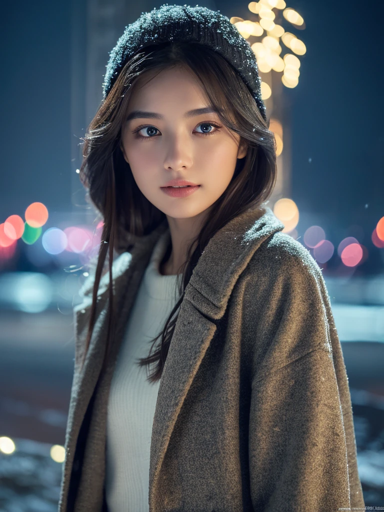 1 girl, (put on a coat:1.2), (RAW Photos, highest quality), (Realistic, Photorealistic:1.4), Tabletop, Very delicate and beautiful, Very detailed, 2k wallpaper, wonderful, finely, very detailed CG Unity 8K wallpaper, Very detailed, High resolution, Soft Light, Beautiful detailed girl, Very detailed目と顔, Beautiful and detailed nose, beautifully with fine eyes, Cinema Lighting, Illuminations that light up the city on a snowy night, Snow Scene, that&#39;it&#39;s snowing, Perfect Anatomy, tense air, Straight Long Hair, Looking at the audience, smile, Portopia Serial Murders, Disappearing into the Sea of Okhotsk, Tracking、Fluffy scarf、