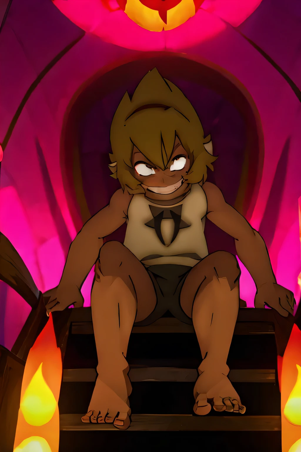 elely, evil face, evil smile barefoot, looks down on the viewer with contempt, barefoot
