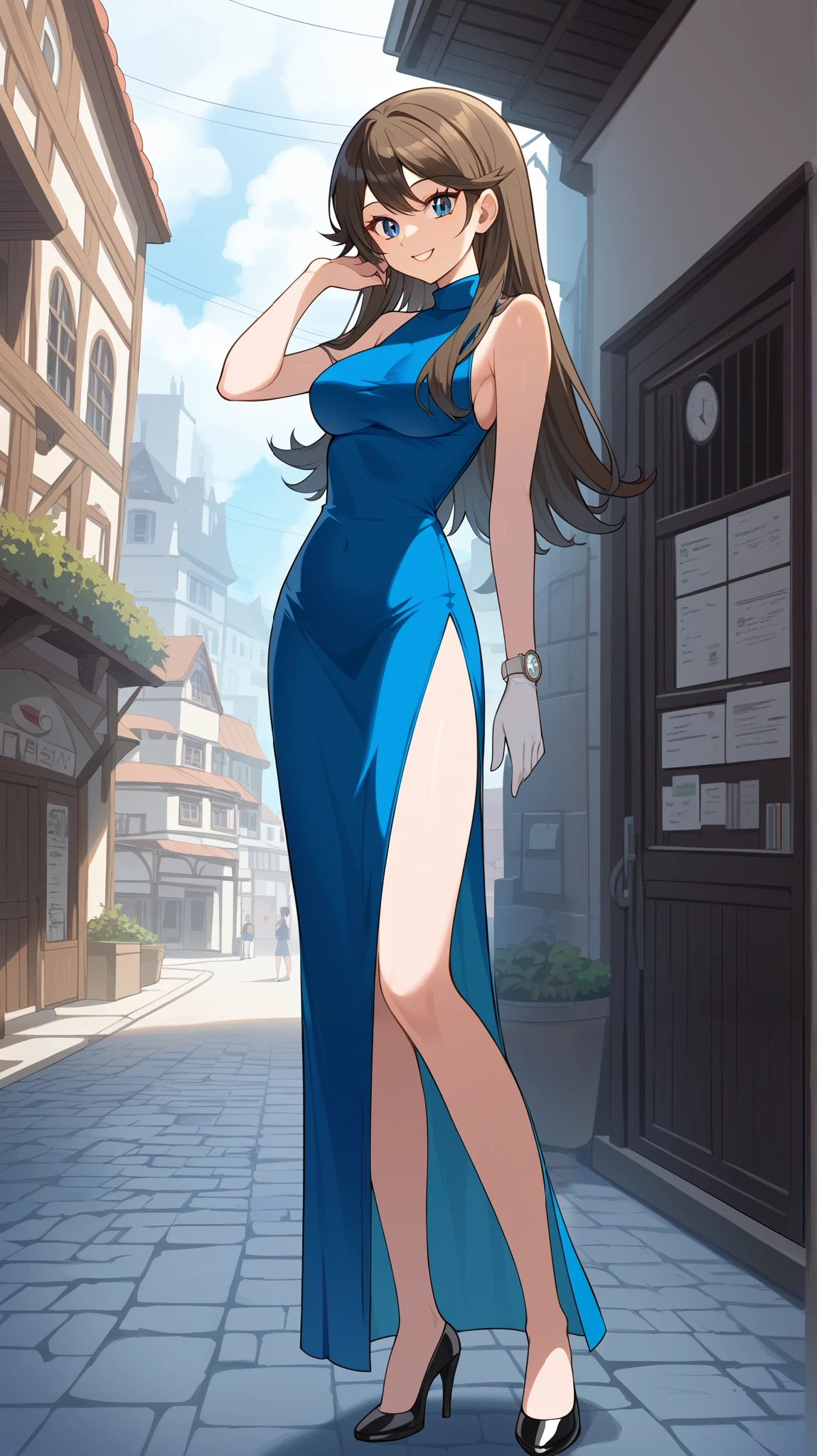  score_9,  score_8_Excellent,  score_7_Excellent,  score_6_Excellent,  best quality, sauce_Anime,  cell shading ,  flat color , vector,  detailed background, town, building,  break 1 girl , Alone, (\ Pokémon\),  review, Long Hair,  blue eyes,  black knee-high stockings , Ample breasts,  Watch Viewers, 1 Female, Age 18,  standing , whole body,  slim figure without arms, smile, Outdoor,  seductive smiles from all around, 挑発的なsmile, Blue sleeveless shirt, green long slit skirt, barefoot,  put one hand on the lower back ,  Tall,  high heels, bare hands, No gloves,