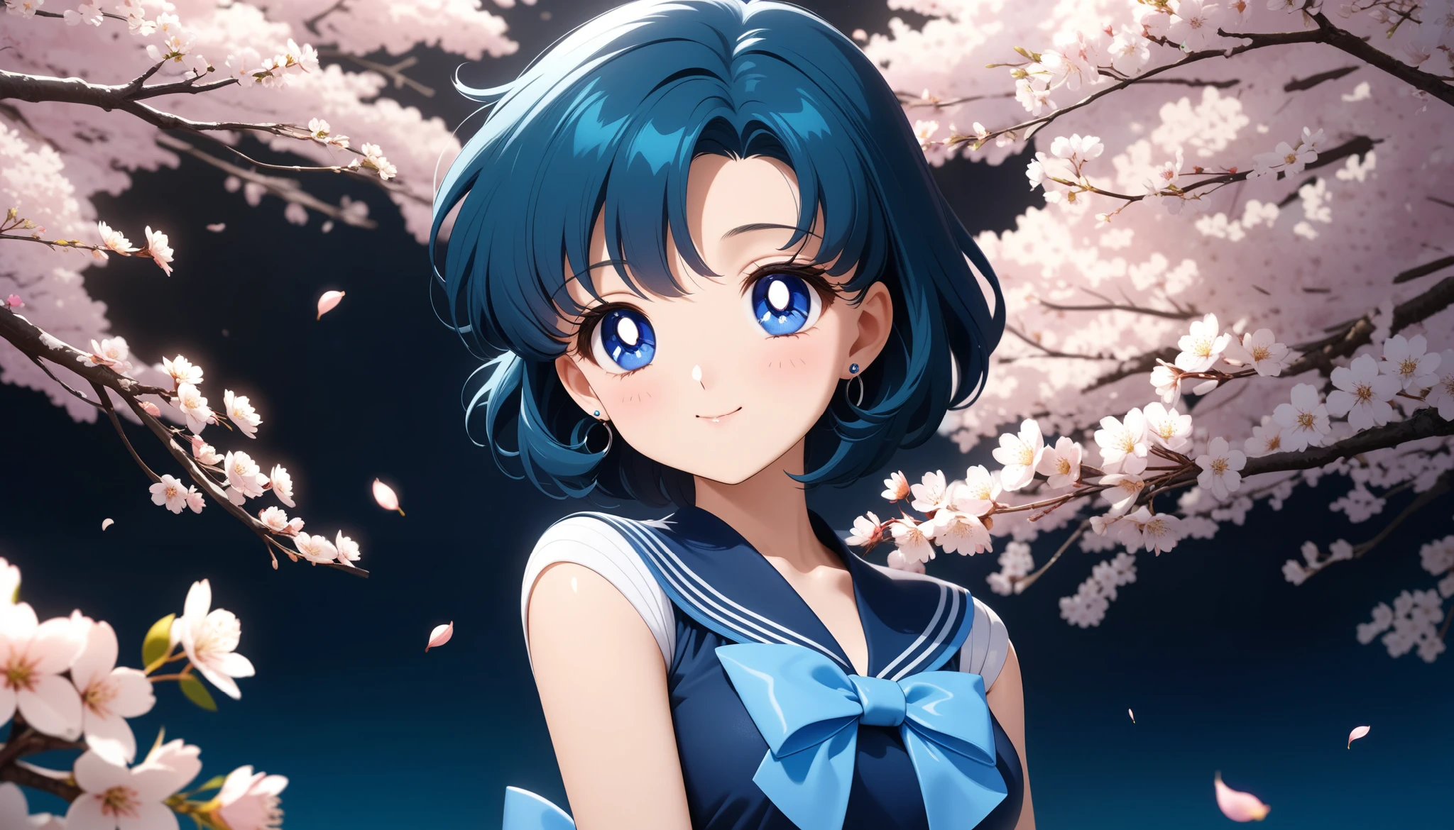 colorful, (masterpiece, best quality, very aesthetic , ultra detailed), intriguing details , 4K, aamercury short hair, blue hair, hair combed to the side, earrings, blue eyes, small breast, 1girl, usagi's birthday, cute blue dress with neck, white cherry blossoms printed, smile, blue belt, detailed background, intricate details, black night, Various sexy poses, depicts the whole body