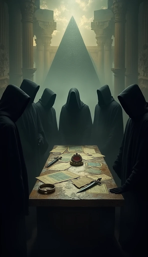 A dark, atmospheric scene featuring shadowy figures representing a secret society gathered in a dimly lit room. The figures are cloaked in dark robes, with only their silhouettes and a few glimpses of their faces visible, emphasizing secrecy. A large wooden table in the center displays old documents, maps, and symbols of power like an ornate dagger or a seal ring. In the background, faint historical images like ancient pyramids, medieval castles, and iconic structures blend together, hinting at their influence over time. The overall atmosphere is mysterious and conspiratorial, suggesting the hidden power shaping the course of history.
