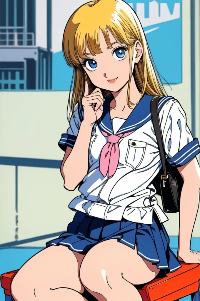 (Classic Anime,  Retro Art Style , Beautiful handwriting ,  very detailed, perfect anatomy,  Play), City Background, ( Above Knee Shots ), (hibarikun), １ girl,  allows eyebrows to be seen from between hairs, bangs,  blond hair,  blue eyes, (Sansakumaru:1.4), (Beautiful and realistic eyes:1.5), confident々smile, High Body,  Long Beautiful Legs , ( middle of chest:1.7), ( cute pose), (Sailor tops), ( Sailor Suit Mini Skirt ,  navy blue), Leather Student Bag ,