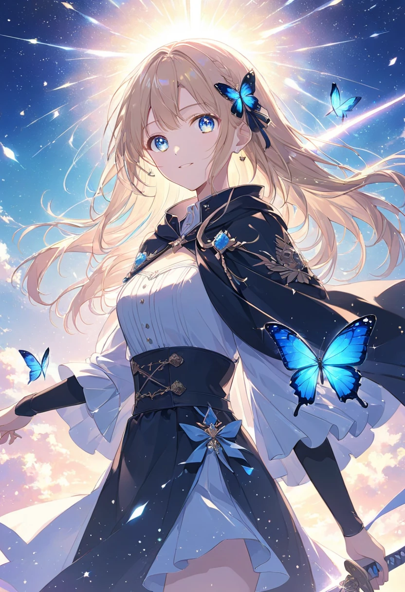  Anime Style,Sparkle,Woman holding a sword,  a woman holds a sword in front of her body  .,blonde,Long Hair,   A masterpiece with clouds  ,  blue eyes ,Sparkling Eyes,Sparkling Eyesのハイライト ドレスの衣装, Wear a Black Cloak  ,  A blue butterfly flutters its wings   ,  Noble Vibes in My Heart ,   dazzling swords illuminate the world  ,  Highlight Women with Proud Faces  , The background is space,A low-angle masterpiece, best quality,Exquisite,8k,  absurd,  Extremely Detailed Illustrations ,( Viewers )