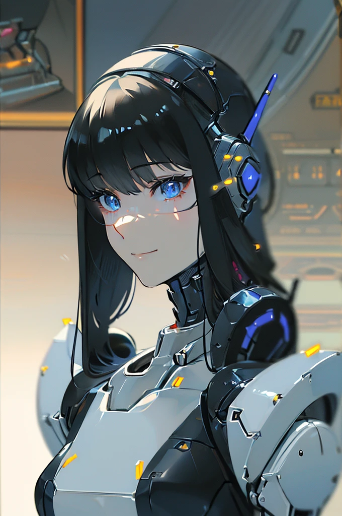 (masterpiece),(Highest quality),(Super detailed),(Best illustrations),(Best Shadow),(Absurd),(Detailed Background),(so beautiful), 16K, 8K, 4K,(Best Shadow),robotization,woman ,big bust,Robot Joint ,Metal skin,Black robot Suit,long hair,a black robot suit that covers the whole body,robot hand,cyber bodysuit,mecha head,(Detailed hands and fingers:1.2),Ball joint robot body,doll joint,beautiful face,beautiful robot girl,robotic eye,robotic hands,(no more human skin),android girl,cyborg girl,F cup, sexy body,(machine made joints:1.2),(machanical limbs:1.1),(blood vessels connected to tubes),(mechanical vertebra attaching to back),(mechanical cervial attaching to neck),no messy picture style,no emotion,tech control,black robot suit,maintenance,smile,robot nurse,nurse