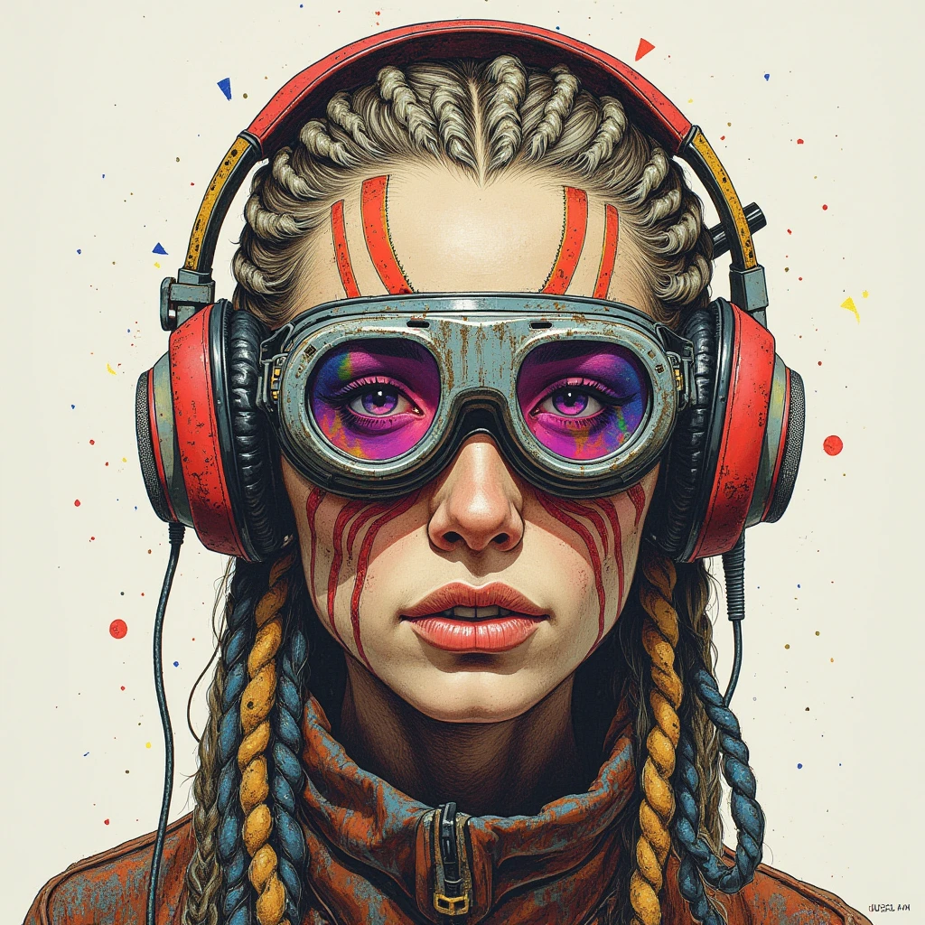 A detailed vintage lithograph in the style of Lynd Ward, totally centered, fully framed. Face portrait of a 40 years old post apocalyptic Techno Female Raver, with distinctive wrinkles, rusty and grunge aesthetics, very dusty and dirty face. The face is painted with stripes of glowing neon colors. Shaved sides or patterns cut into the hair, Dreads made from synthetic materials like plastic or metal fibers in bold colors, with futuristic headphones on, with very dusty dystopian goggles on, triadic color scheme, Absolutely white background