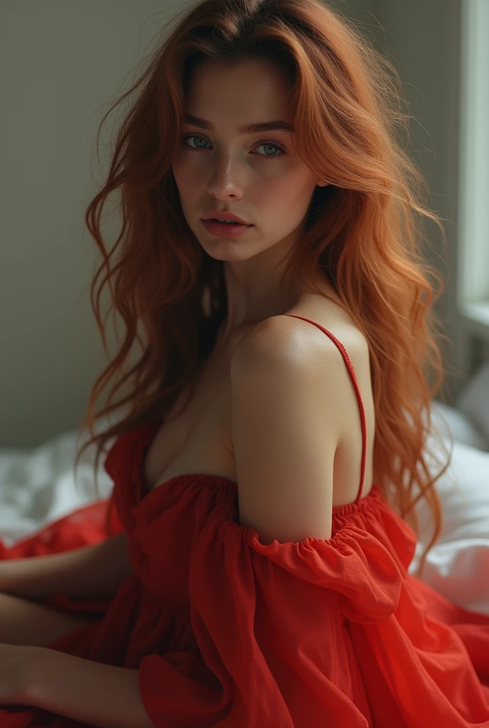 Beautiful girl with long wavy hair, red dress,wearing pink