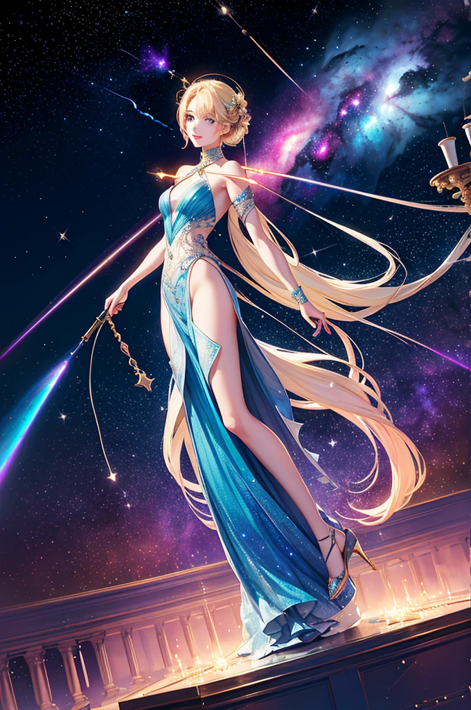 1 Female\( elegant ,Smiling Kindly,young, white skin, blue illuminated eyes , very long hair,blonde, elegant hair style,(Putting on makeup), beautiful accessories, holding champagne glasses \(beautiful, sparkling carbonated foam \),(whole body:2.0)\) is wearing beautiful trendy evening dresses at elegant dinner party\( lots of dressed people 々, chalk palace interior ,big beautiful chandelier\), break , evening dresses\((Double Exposure\(beautiful galaxy,beautiful nebula,colorful beautiful stars\):1.4),\), break ,quality\(8k, very detailedCGユニットのwallpaper, masterpiece, high definition ,top-quality,top-quality real texture skin, surrealist , Increase Resolution , RAW photo,最高のquality, very detailed,wallpaper, Movie Lighting, ray trace ,Golden Ratio\),Anime Style,(Low Angle),(whole body),(Long Hit:2.0),( wide shot:2.0)
