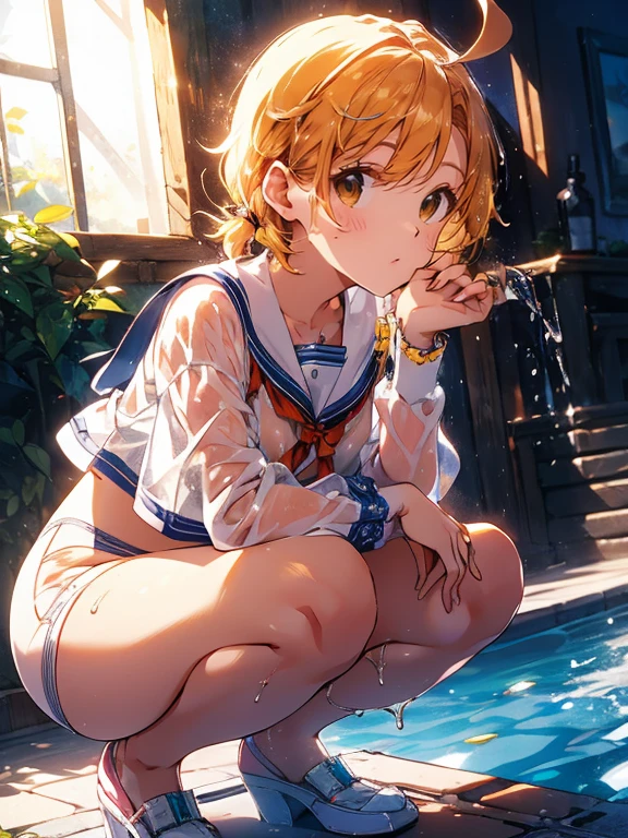 ( best quality,4K, high definition ), beautiful detailed eyes , Beautiful lips down to the last detail ,Damp,Dripping Water,Beautiful wet skin,Body shape ,Attractive physique,Blonde,Perfectly shaped breasts , the top of her tight, wet, and transparent white sailor suit sticks to her body,( I'm not wearing a bra),( Her Boobs Are in Full View ),(The lower half is bare),( tight, wet, transparent white panties are stuck in my crotch), Water droplets on skin and clothing ,( sensual poses :1.1), Reflects light on wet skin , Clear pool water , Shines by the pool , Relaxed and luxurious atmosphere , Fascinating Beauty , bright color , sexy,(Beautiful orange hair with a bright sheen ),  ponytail, Ahoge,  full body shot, ((Big Breasts)), ( thin waist), (Wide pelvis)，( thick thighs ), (((blush:1.2))),(( embarrassed expression:1.2)),(( crying face :1.1)), ((( angle from the front:1.8))),(((( open legs wide )))),(Panties are thong ),(((((There are only strings on the side of the panties ))))),((((String-like panties with very little cloth)))),((((Emphasis on the crotch))),(((((I'm sticking out my crotch in a squat:1.2)))))