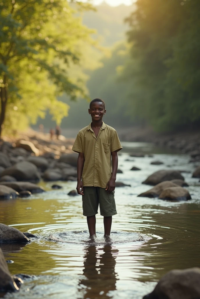 Photorealism 1.4 realistic realism high detailed definition Malaysian orang asli native aborigines wearing sleeveless black shirt short crossing river with backpack river with smile Face dark skin curly short hair