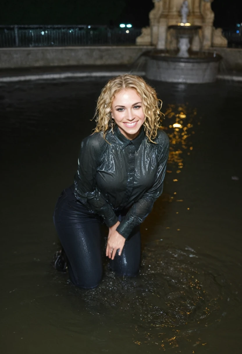 (((rear view))), ((attractive blonde hair woman wearing black skinny jeans)), high heel ankle boots, dark green blouse, curly hair, kneeling in a fountain in a city at night,  soaking wet, big smile, boots flooded with water, (((wet hair))), wet clothing, jeans gleaming wet, looking viewer in the eye, ((kneeling  down down under the spray soaking wet))), wet shirt, wet blouse, ((NSFW)), no bra, nipples visible through wet blouse, (((rear view))), man with her grabbing her ass